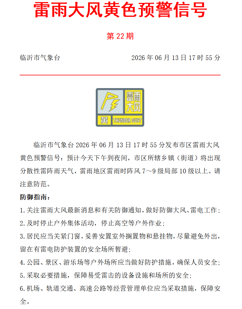 關緊門窗！避免外出！剛剛，臨沂釋出市區雷雨大風預警！