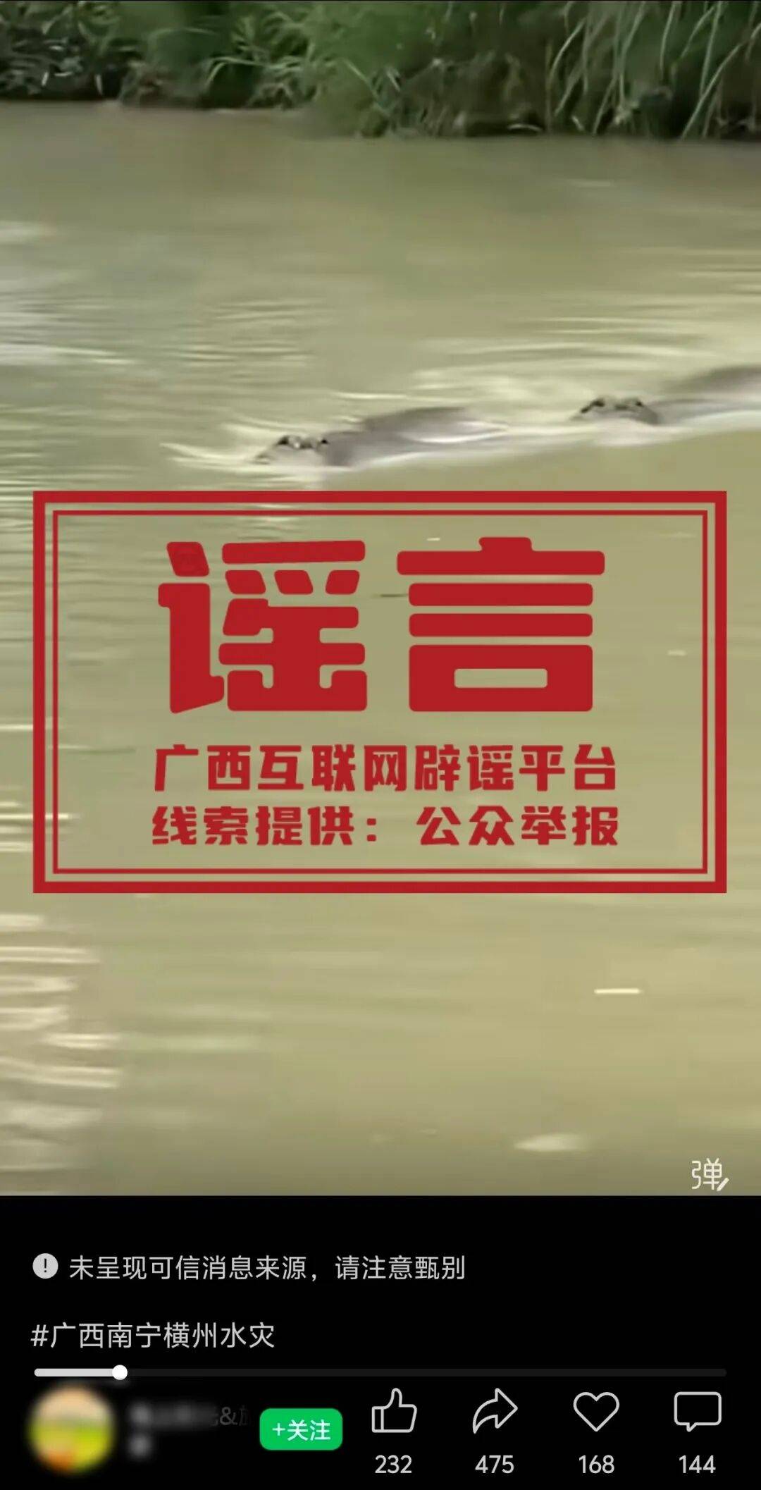 闢謠：“廣西洪澇有鱷魚逃出” 系異地舊素材嫁接，與廣西實際汛情無關
