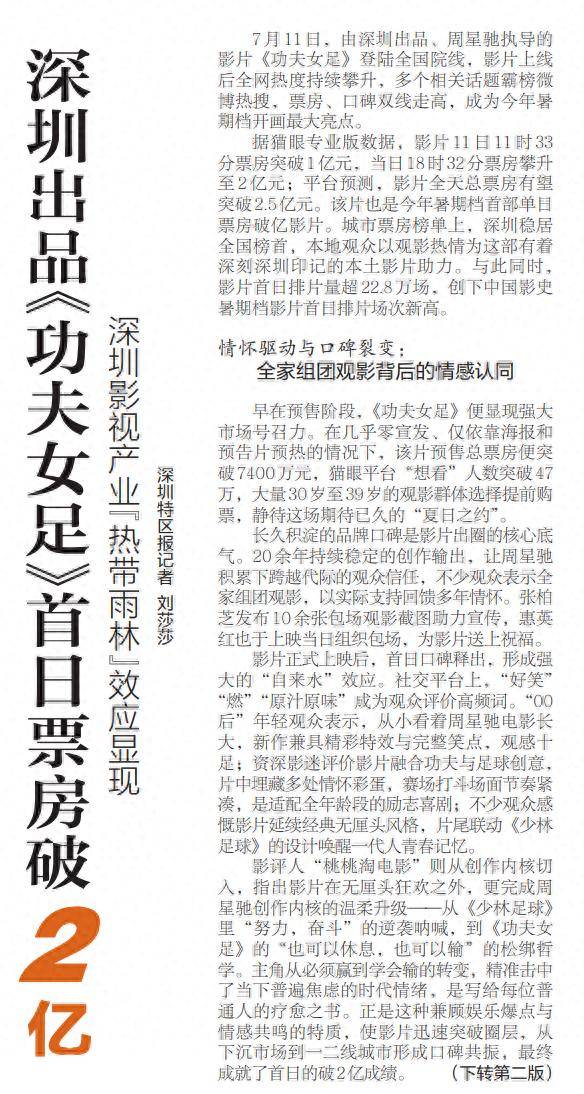 【深圳特區報】深圳出品《功夫女足》首日票房破2億 深圳影視產業“熱帶雨林”效應顯現